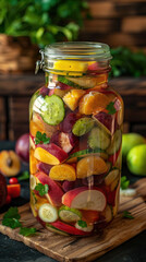 Poster - A large glass jar filled with a colorful fruit salad