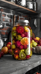 Poster - A jar of fruit sits on a counter with a bunch of fruit on the counter