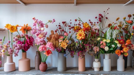 Aufkleber - A row of vases filled with vibrant, colorful flower arrangements, showcasing a variety of species and colors, in a light-filled space.