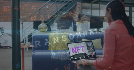 Canvas Print - Image of a businesswoman using a laptop for a video call with diverse business colleagues