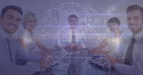 Poster - Image of globe with connections data processing over business people in office