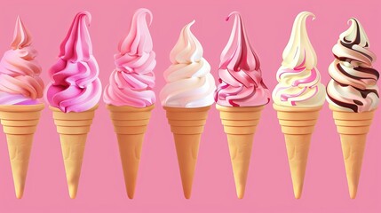 Wall Mural - variety of soft serve ice cream in cone in solid pink background. isolated on a solid pink background. Illustrations