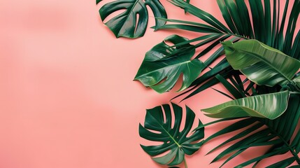 Wall Mural - Tropical leaves on a pink background. Isolated on a solid color background. isolated on a solid pink background. Illustrations
