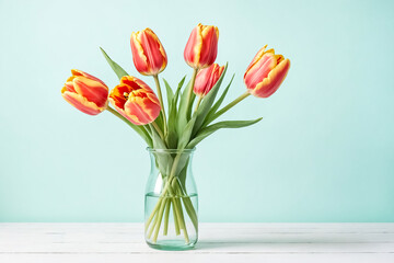 Wall Mural - Colorful Tulips in a Glass Vase on a White Wooden Table Against a Mint Green Background