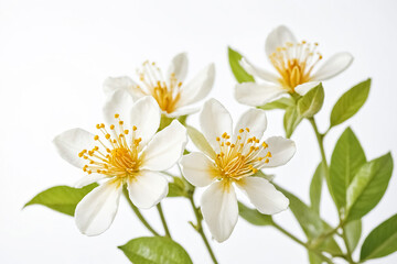 Wall Mural - Closeup of White Flowers with Yellow Centers and Green Leaves