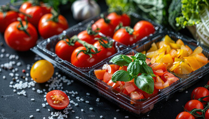 Wall Mural - A tray of assorted vegetables including tomatoes, peppers, and basil