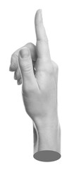 Wall Mural - Woman's hand pointing at something on white background. Black and white effect