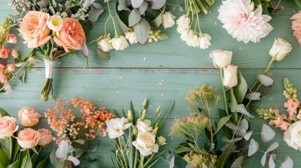 Poster - An overhead view of a variety of flowers on a weathered green wooden surface. The flowers include roses, dahlias, and other blooms in various shades of pink and white.