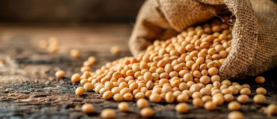Wall Mural - A bag of soybeans is spread out on a wooden table