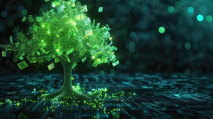 Wall Mural - A digital tree with glowing green elements symbolizing growth and technology in a futuristic neon environment.