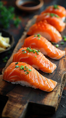 Canvas Print - A plate of sushi with a wooden board