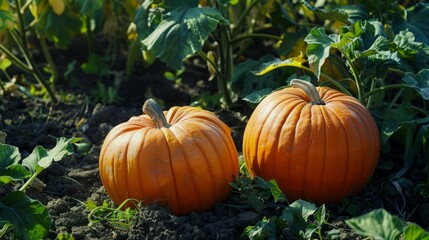 two large pumpkins in the garden.