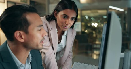 Office, man and woman at computer with opinion, consulting and brainstorming together for online stats. Thinking, problem solving and business people at desk with data analytics, advice and teamwork