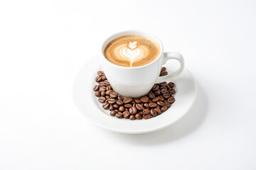 Poster - Latte with Heart Design and Coffee Beans on White Background