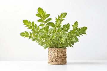 Wall Mural - Green Plant in a Wicker Basket on White Background