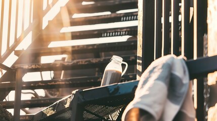 Poster - fire escape steps with smoothie bottle and gym towel, close-up, morning light, textured surfaces, fi