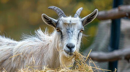 Goat chewing hay, close-up with detailed fur texture, realistic portrayal in a natural setting, expressive and lifelike, vivid colors