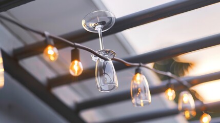 Canvas Print - Fire escape railing with hanging wine glasses, close-up, soft ambient light, sleek metal, elegant dining, outdoor toast. 