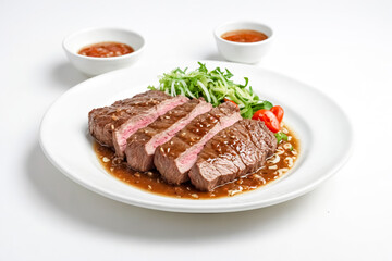 Poster - Sliced Steak with Sauce and Salad on a White Plate