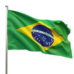 Waving Brazilian flag on a flagpole with clear design and vibrant colors. National symbol of Brazil with iconic green, yellow, and blue colors.