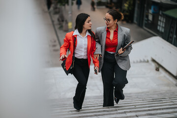 Two young creative professionals in a discussion during an outdoor business meeting while walking up stairs