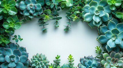 Poster - A photo showcasing a circular arrangement of green succulents and eucalyptus leaves, creating a natural frame against a white background.