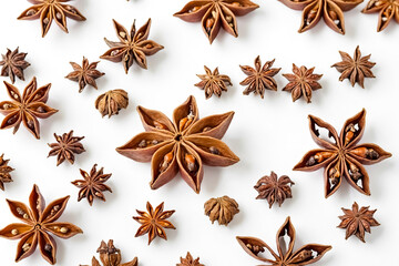 Wall Mural - Star Anise Scattered on a White Background