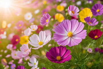 Beautiful spring summer sunrise bright natural background with colorful cosmos flowers. Ai generative.