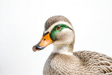 Close-up Portrait of a Duck with Green Eye and Orange Beak