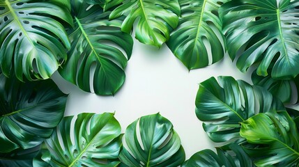 Poster - A close-up photograph of lush green Monstera leaves arranged on a white background.