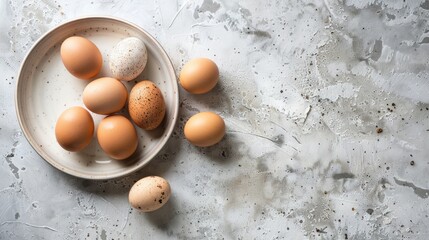 Wall Mural - Eggs without cooking on a white plate with a white backdrop