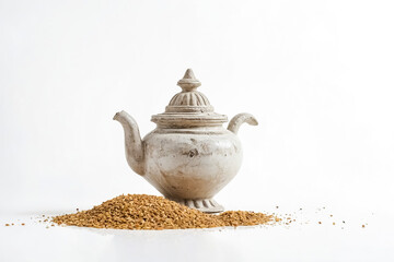Canvas Print - White Ceramic Teapot with Spilled Rice