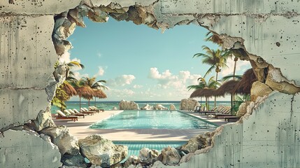 Wall Mural - A hole in a concrete wall overlooking the five star luxury hotel and resort with pool on a tropical beach. Vacation and travel concept. Digital landscape for wallpaper, poster, banner.Original frame