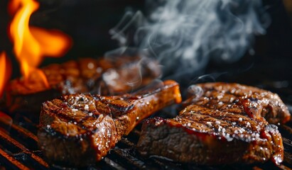 Delicious looking steak grilling, food photography, closeup shot