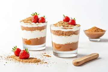 Canvas Print - Closeup of Two Glass Dessert Cups with Chocolate Mousse, Whipped Cream, and Strawberries on a White Background