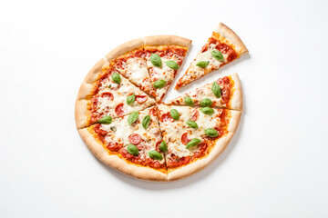 Wall Mural - Pizza with Pepperoni and Basil on White Background