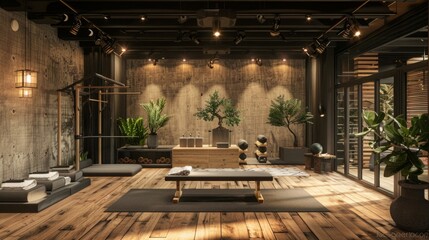 Aufkleber - A minimalist yoga studio with wooden flooring and natural light. The room features a yoga mat, bench, and plants.