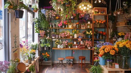 Poster - A floral shop filled with vibrant flowers and greenery, featuring wooden shelves with floral arrangements, lit by sunlight through the window.