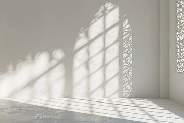 Poster - A soft, gentle light illuminates the white wall of an empty room. The shadows cast by the window create intricate patterns on the surface,