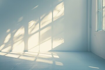 Poster - A soft, gentle light illuminates the white wall of an empty room. The shadows cast by the window create intricate patterns on the surface