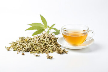 Wall Mural - Cup of Tea with Loose Leaf Tea and Green Leaves