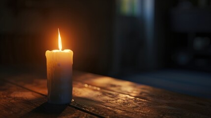 A photo-realistic image of a white candle with a single flame in a dim room
