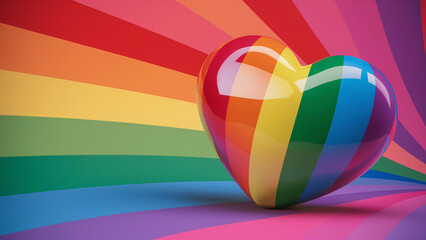 Poster - 3D Glossy Rainbow Heart with Radiant Multicolored Background Symbolizing LGBTQ+ Love, Pride, and Diversity, Perfect for Themes of Inclusion, Equity, and Representation