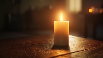 A photo-realistic image of a white candle with a single flame in a dim room