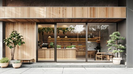 Leinwandbilder - A modern cafe storefront with a wooden facade and large glass windows showcasing the interior. The cafe features wooden accents and plants, creating a warm and inviting atmosphere.