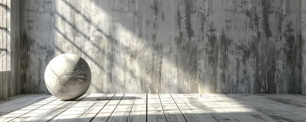 Poster - A white ball is sitting on a wooden floor in a room with a large window. The room is empty and the ball is the only object in the scene