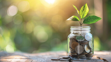 Poster - A jar filled with coins and a small plant. The jar is on a wooden table. Concept of saving money and nurturing growth