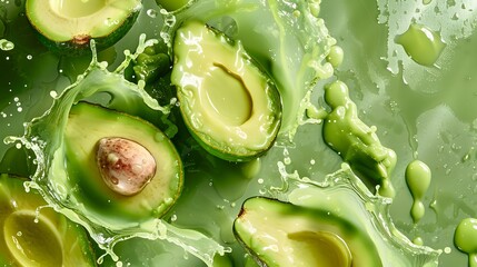 Wall Mural - Sliced avocado with splashes of juice close-up on a green background. 