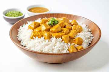 Wall Mural - Chicken Curry with Rice in Wooden Bowl