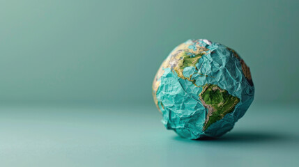 Poster - A paper globe of the earth is sitting on a table. The globe is made of paper and is blue in color. The globe is a representation of the earth